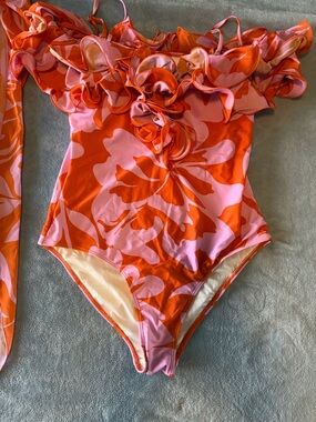 Ruffled Off-Shoulder One-Piece Swimsuit in Orange and Pink